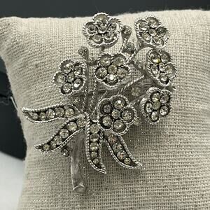 Crown Trifari Vintage Rhinestone Listed Plated Mill Work Floral Bouquet Brooch